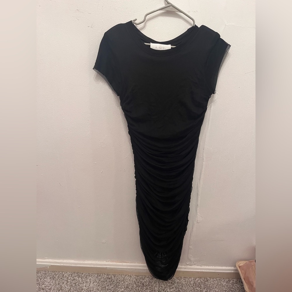 A.L.C. Mini Dress Sheer Sleeve Jersey Ruched Draped Black XS